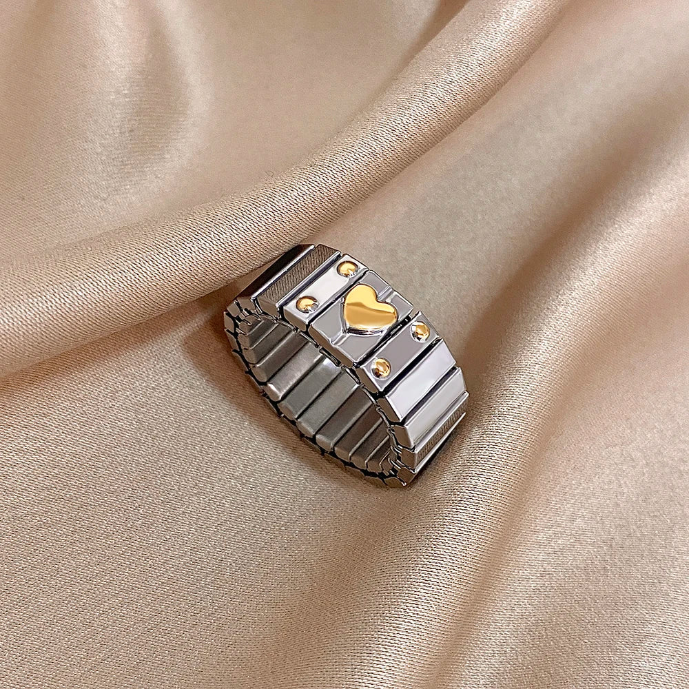 Greatera Elastic Force Stainless Steel Women's Ring Heart Pattern Fashion Colorfast Wide Design Valentine's Day Gift Jewelry
