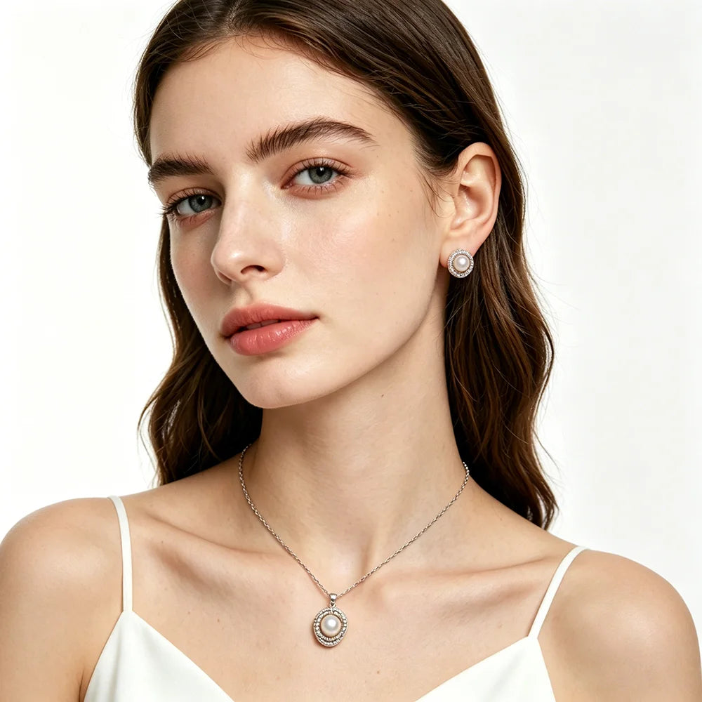 Real Cultured Natural Pearl Necklace Earring Set For Women,Elegant 925 Sterling Silver Pearl Earring Set Wife Anniversary White