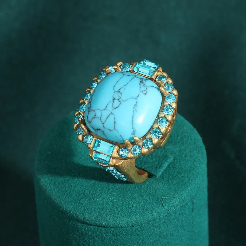 Vintage Wedding Rings for Women Round Blue Natural Oval Green Crystal Horse Eye Shape Glass Retro Pattern Gold Color Jewelry