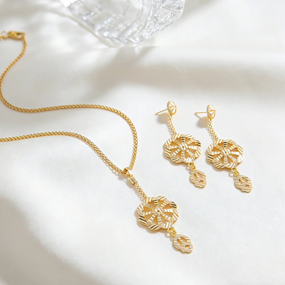 Dubai Gold Color Necklace Jewelry Set for Women Dangle Earrings and Necklace Bridal Weddings Earrings Engagement  Jewellery Gift