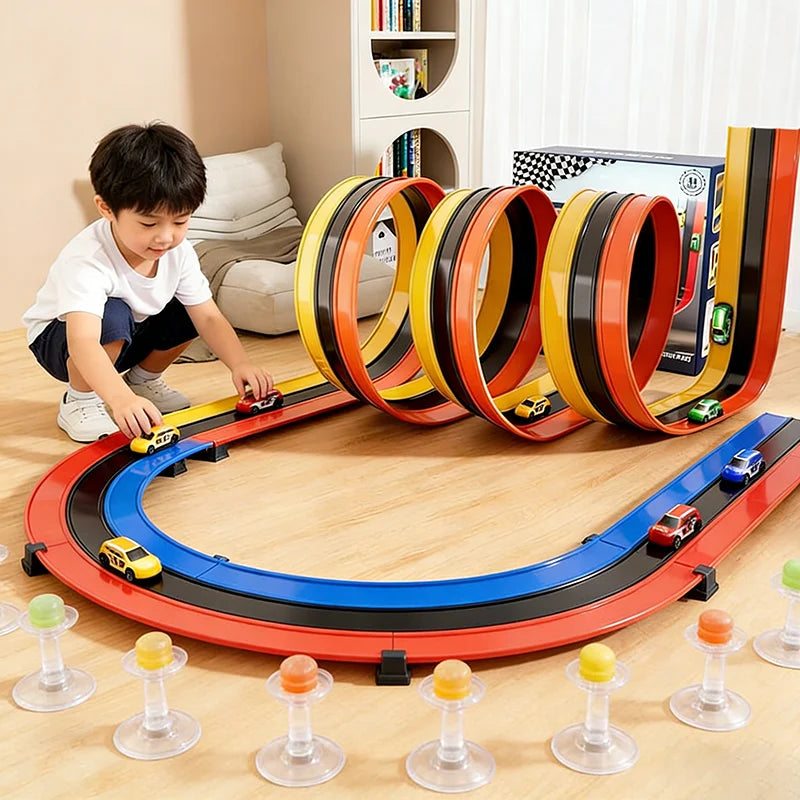 3-Lane Flexible Race Tracks Toy Kid Flex Race Track Vehicle Playsets Compatible 1/64 Cars Portable Roll Up Ramp Tracks Boys Gift