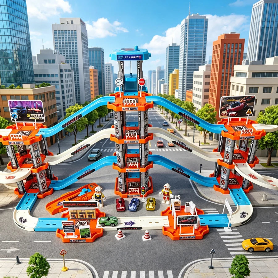 Children's large four story parking lot toy set, multi-layer urban rail toys, boys' cars, suitable for boys' birthday gifts