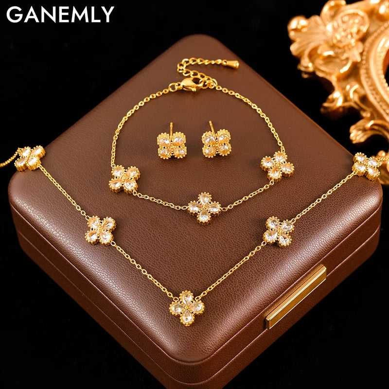 GANEMLY Stainless Steel  Sparkling White Zircon Flower Necklace Bracelet Earrings Set For Women Trendy Waterproof Jewelry Gift