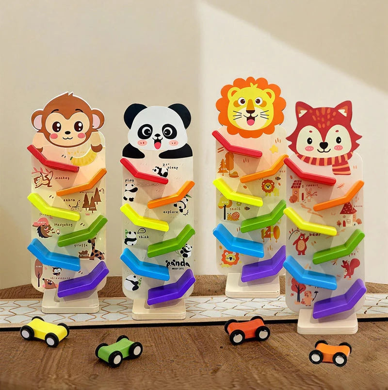 Wooden Animal Glider Car Early Education Focus Training Multi-layer Track Rolling Vehicle Parent-Child Interaction Toy for Kids