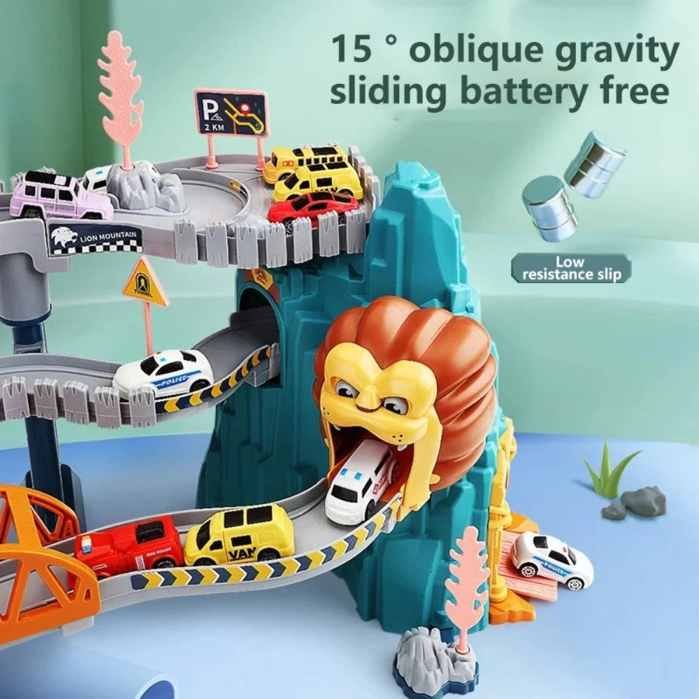 Lion King Mountain Large Adventure Race Track Vehicle Playset with Elevator Tunnel Building Car Track Toy Perfect Birthday Gift