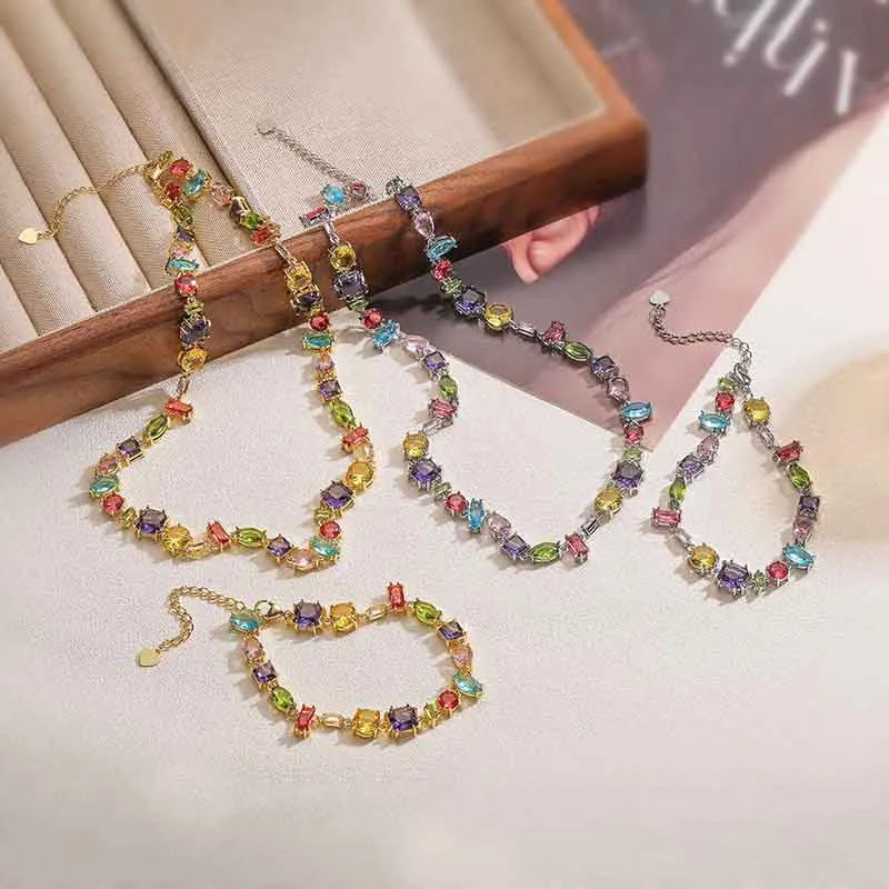 HECHENG, Colourful Zirconia Patchwork Irregular Graphic Design Bohemian Brass Bracelet Necklace Ladies Jewellery Gift 1 PCS