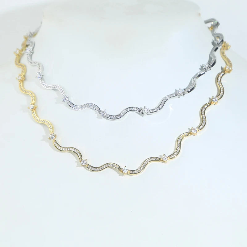 Trendy Geometric Wave Shape Cz Tennis Necklaces for Women Paved White Cubic Zirconia Brass Gold and Silver Color Fashion Jewelry