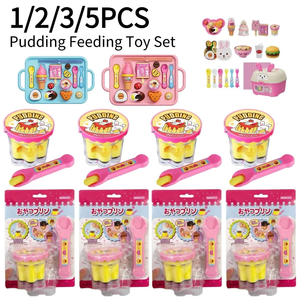 Pretend Play Pudding Feeding Toy Set with Magic Spoon Simulation Food Kitchen Toys for Kids Interactive Role Play Gift for Girls