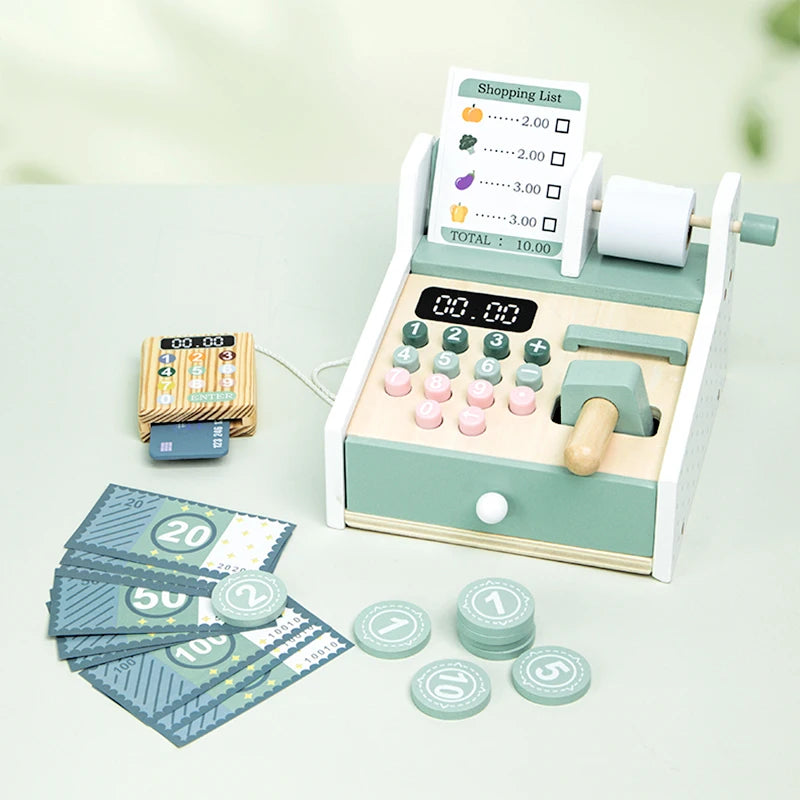 Kids Wooden Simulation Supermarket Checkout Counter Toy Cash Register Kids Role-Play Toys Kitchen Toys Girls Pretend Play