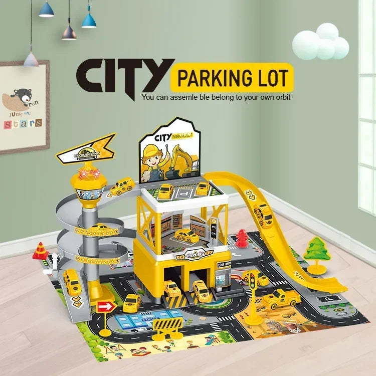 Kids Racing Track with Mini Cars Sliding Parking Lot Toys Multi-Storey Car Parking Fire Police Engineering Vehicle Boy Xmas Gift