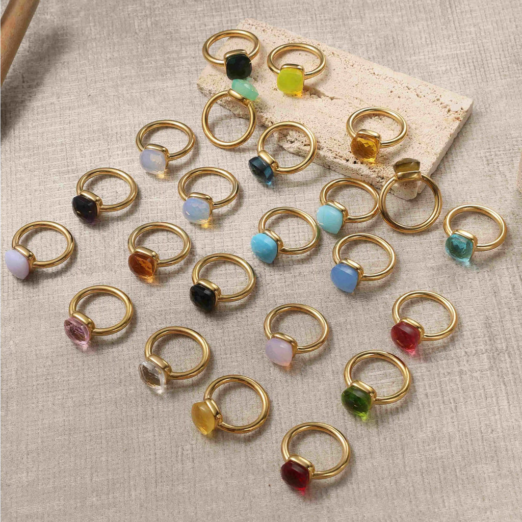 Colorful Crystal Nude Ring for Women 18K Gold Plated Stainless Steel Candy Color Square Stone Statement Rings Jewelry Gift