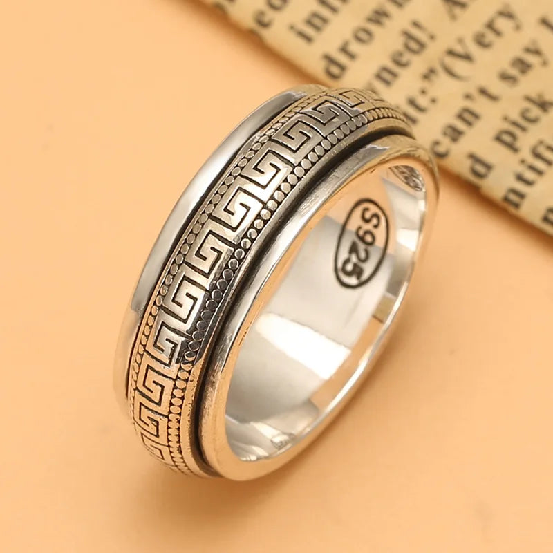 Factory Price S925 Sterling Silver Movable Great Wall Pattern Ring Men Women Real Silver Double-layer Rotatable Rings Jewelry