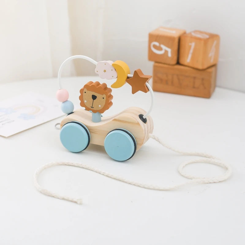 Wooden Montessori Toys Animal Block Dragging Stars Moon Surround Train  Hand Coordination Stacking Toy Handmade Decoration Gifts