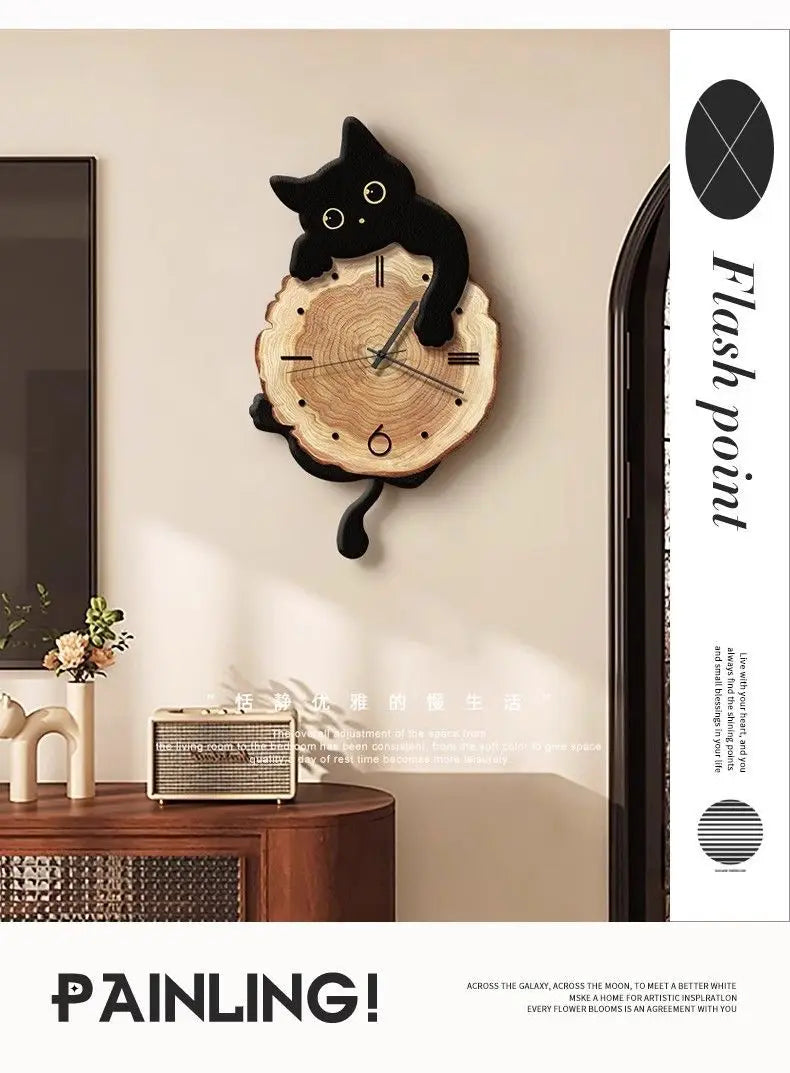 Cartoon Cat Wall Clock Creative Cat Tail Swing Wall Clock Quartz Mute Wall Clock Home Decoration Living Room Bedroom Decoration