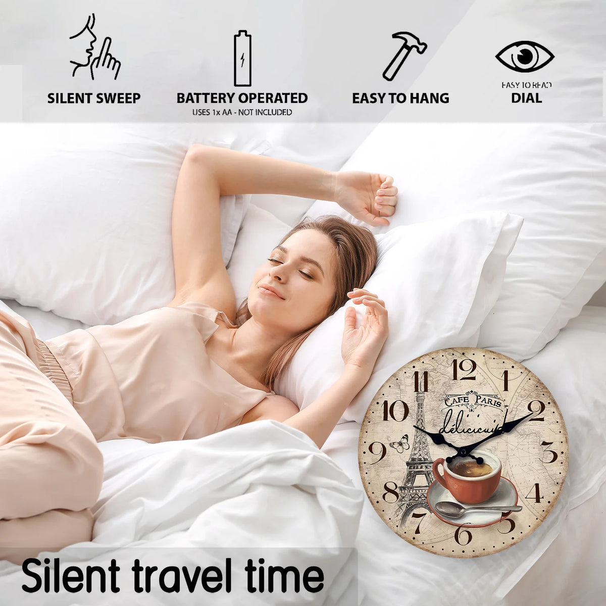 French Retro Paris Eiffel Tower Coffee Cup Wooden Wall Clock Living Room Bedroom Kitchen Home Decoration Wall Clock Silent Quartz Clock Holiday Gift 10 Inches 12 Inches 14 Inches 16inch (Without Batteries)