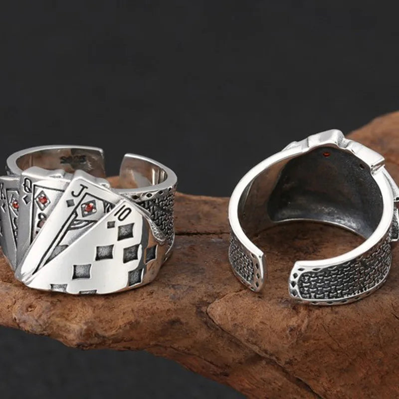 Buyee 925 Sterling Silver Unique Ring Finger Excellent Poker Open Ring for Woman Man Fashion Punk Fine Jewelry Circle with Box