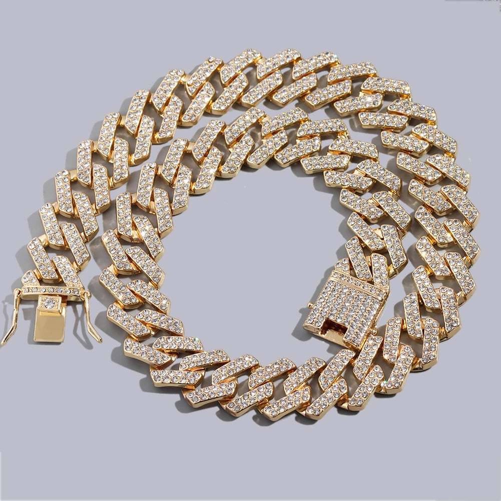 13/14/20MM HipHop Iced Out Chain Cuban Link Chain Necklace For Men Gold Silver Color Rhinestone Pave Men's Birthday Jewelry Gift