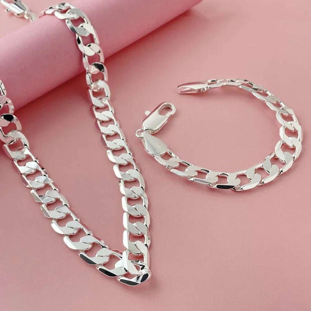 925 sterling silver 12MM side chain bracelet 23CM necklace jewelry set, suitable for men's daily wear