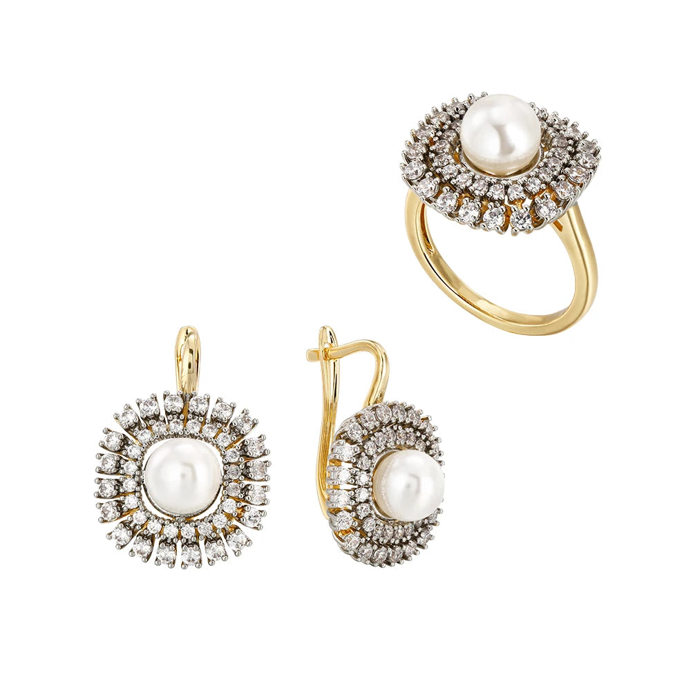 Women's Luxury Inlaid Zirconia Vintage Pearl Earrings Ring Set Copper Plated 14K Gold Fashion Jewelry Wedding Party Gift