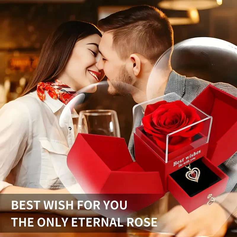 Heart Necklace with Red Rose Gift Box for Mother's Day Present, Christmas Day, Valentine's Date Souvenir, Anniversary Keepsake