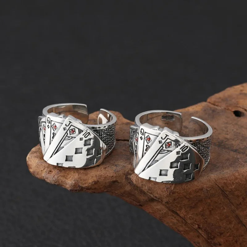 Buyee 925 Sterling Silver Unique Ring Finger Excellent Poker Open Ring for Woman Man Fashion Punk Fine Jewelry Circle with Box