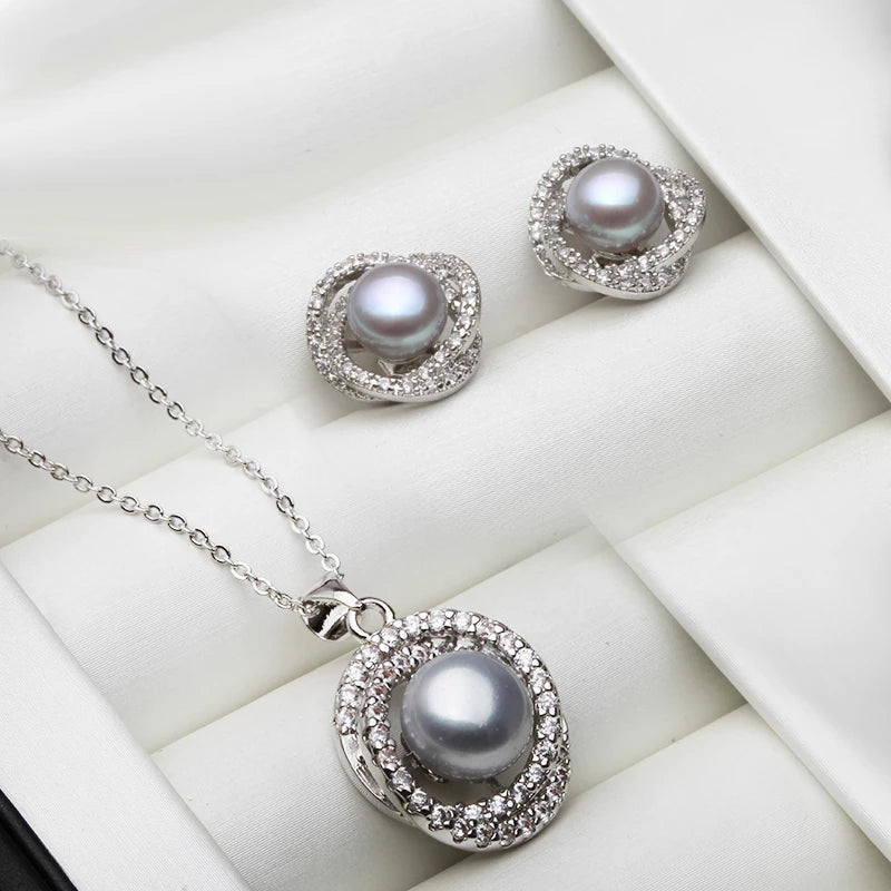Real Cultured Natural Pearl Necklace Earring Set For Women,Elegant 925 Sterling Silver Pearl Earring Set Wife Anniversary White