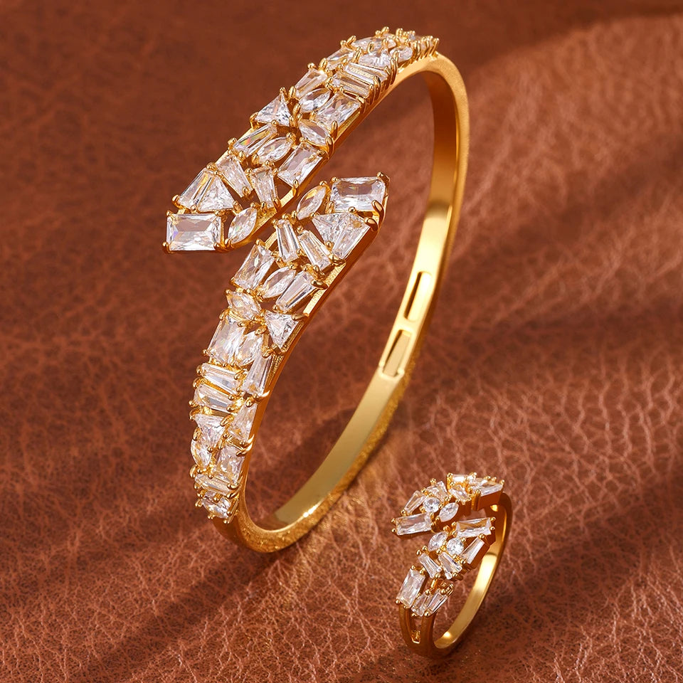 ZAKOL 9 Styles Golden Open Bracelet Ring Jewelry Set Geometric Shiny Zircon 18K Gold Plated Middle East Wedding Party Jewelry