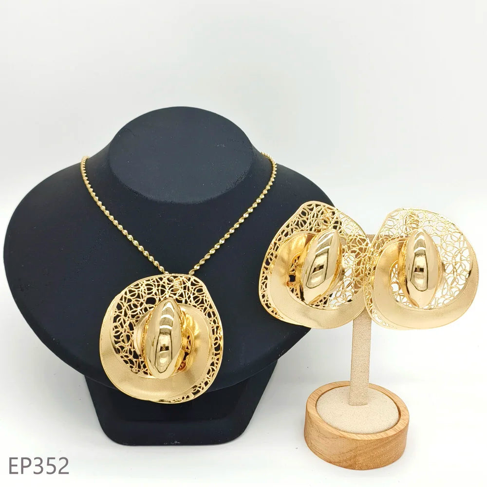 Fashion Dubai Jewelry Sets Gold Color Pendant Copper Classic Earrings Necklace For Women Daily Wear Party Anniversary Gifts
