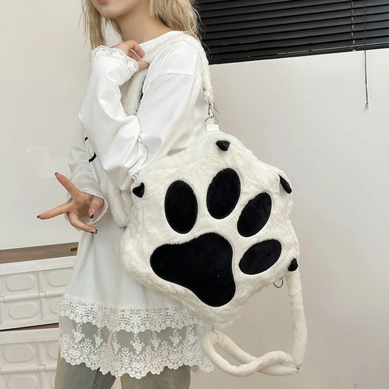 Kawaii White Puppy Cat Paw Plush Backpack Adjustable Straps Funny Dog Big Capacity Soft Stuffed Animals Bags for Girls Women