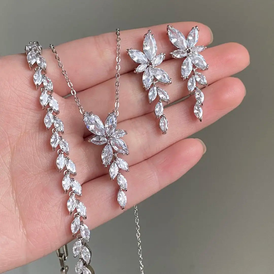 ZAKOL Luxury Cubic Zirconia Necklace Earrings Rings Set for Women Shinny Water Drop Leaf CZ Bridal Wedding Jewelry Sets