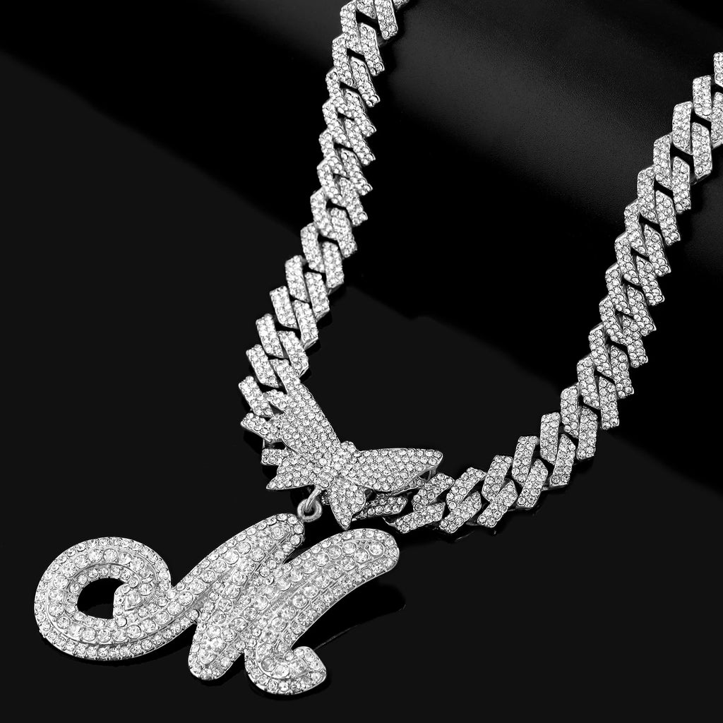 Men Women 14MM Cuban Chain Crystal Butterfly Initials Name Pendant Necklace Iced Out Cursive Letters Rapper Necklace Jewelry New