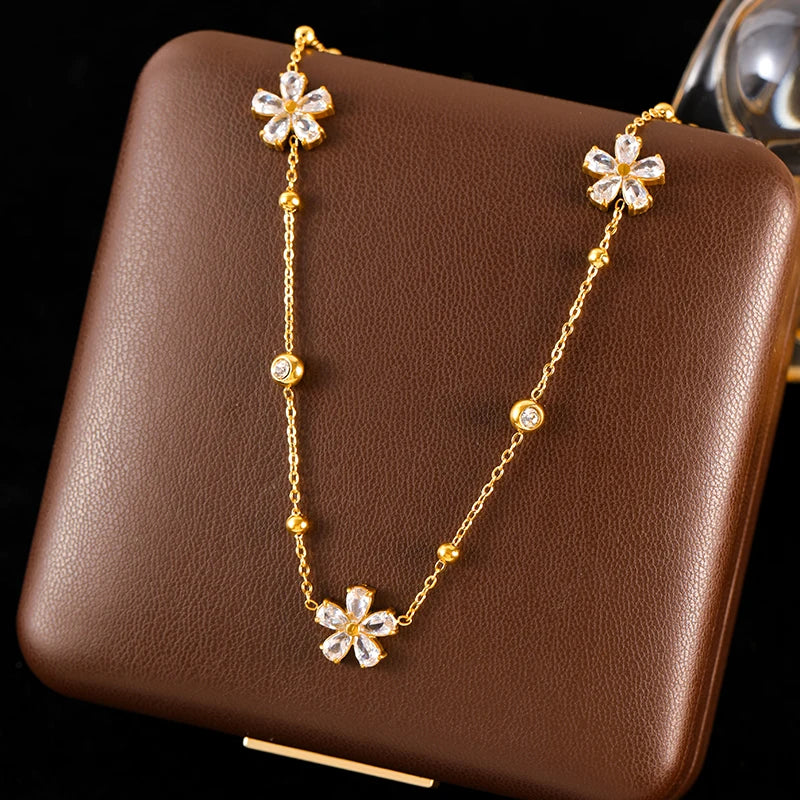 GANEMLY Stainless Steel  Sparkling White Zircon Flower Necklace Bracelet Earrings Set For Women Trendy Waterproof Jewelry Gift