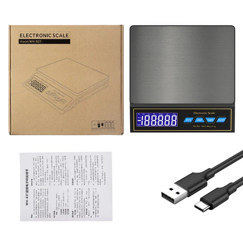 30kg/1g Digital Electronic Kitchen Scale Rechargeable Stainless Steel Household Food Scale Weight Balance with Counting Function