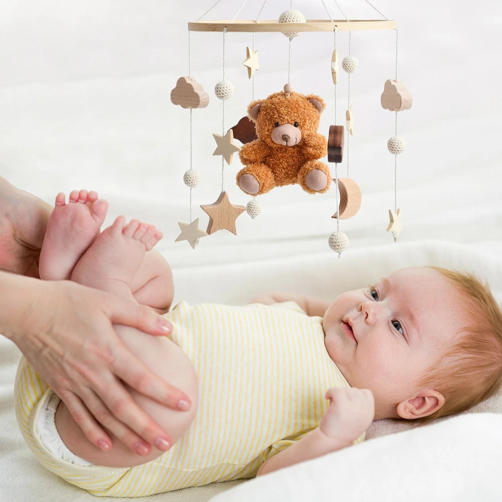 Baby Crib Cartoon Bear Mobile Rattle Toy January To December Hanging Bed Bell Newborn Soothing Toy Moving Musical Toy Baby Gift