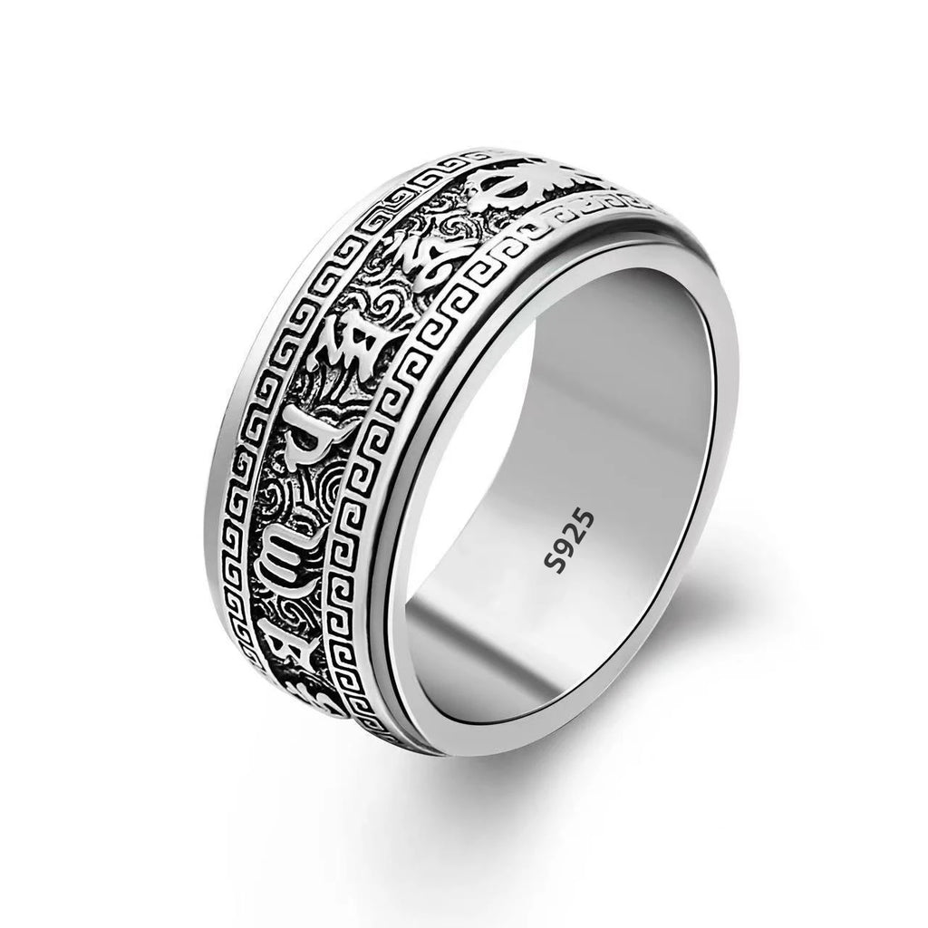 Factory Price S925 Sterling Silver Craft Mens Rings Rotable Stereoscopic Vintage Glossy Six-character Mantra Jewelry Gift