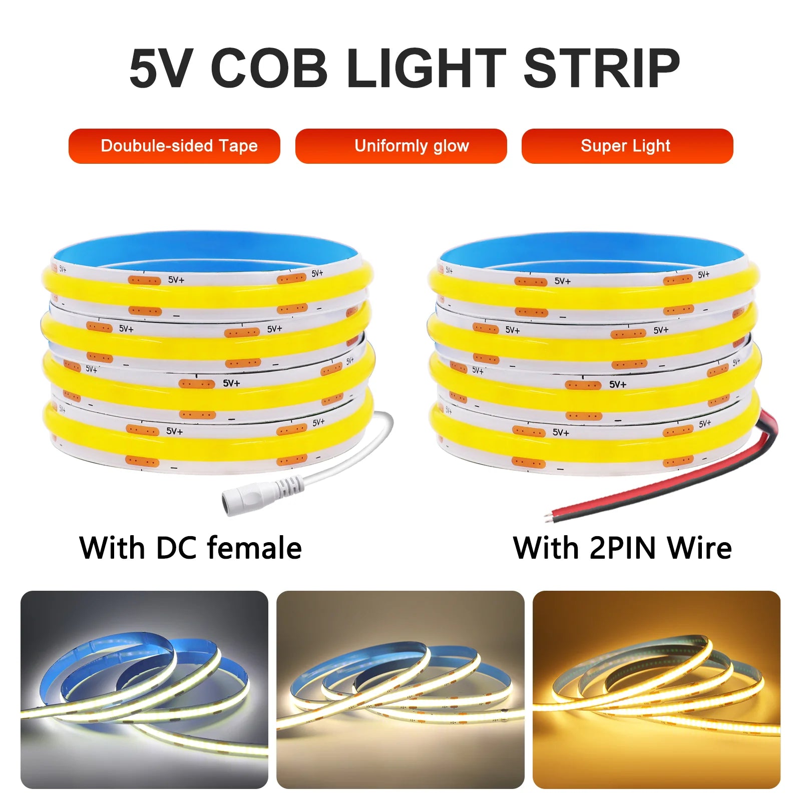 5V COB LED Strip Light 320LEDs/M Touch Sensor Dimmable USB Flexible LED Ribbon Adhesive Tape DIY Mirror TV Backlight Night Light