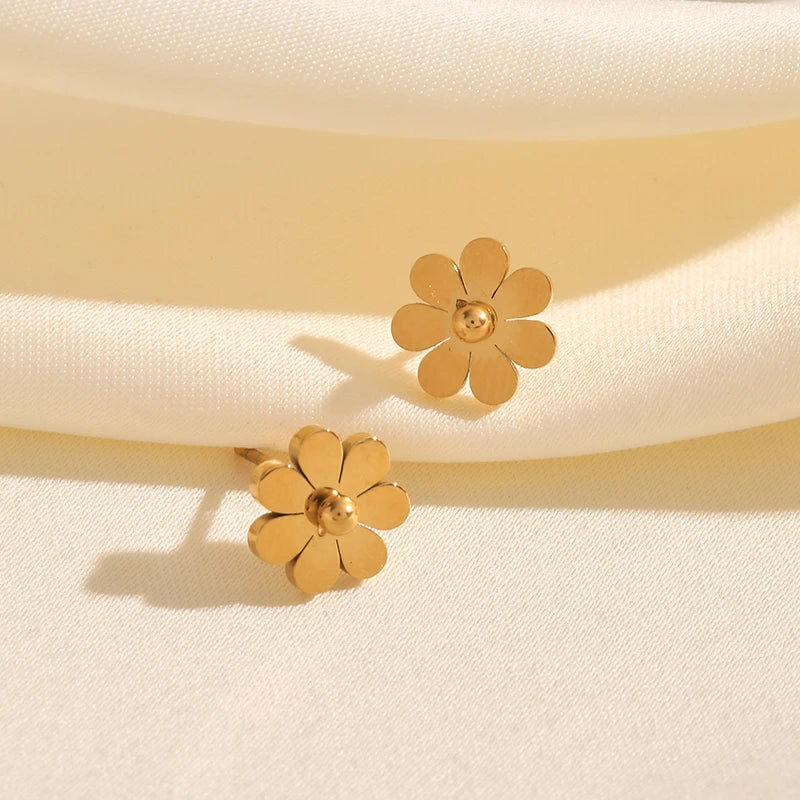 GANEMLY 316L Stainless Steel Daisy Flowers Necklace Earrings Bracelets For Women Fashion Waterproof Jewelry 4-Set Lady Gift