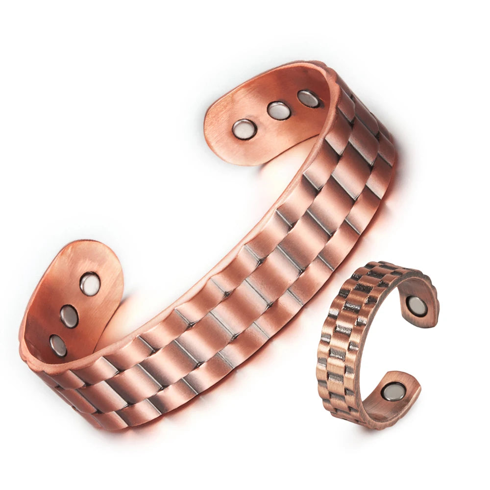 Pure Copper Jewelry Set Magnetic Horse Bracelets Rings Health Energy Adjustable Men Vintage Jewelry-set Open Cuff Resizable