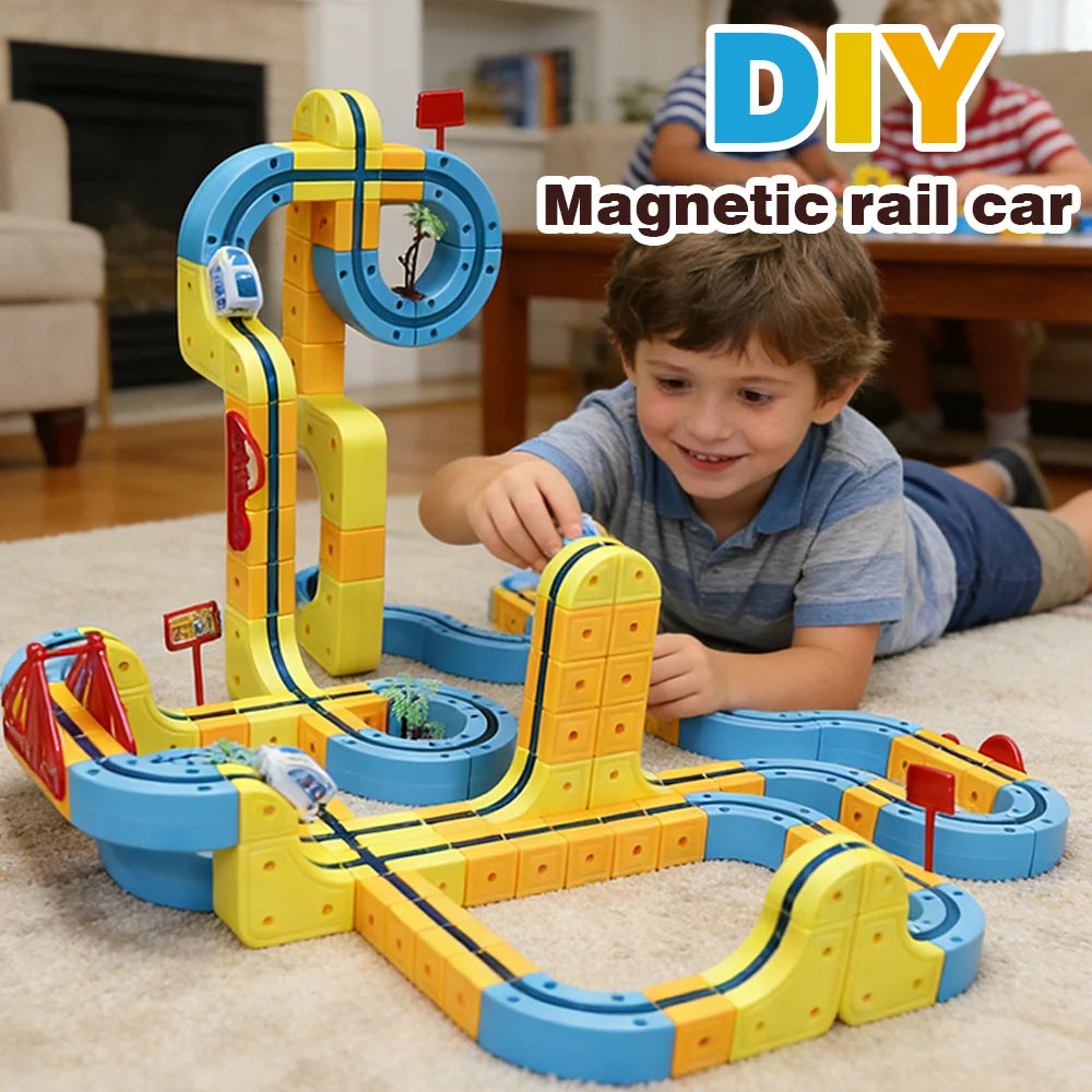 DIY Magnetic Rail Car Set for Kids - Educational Building Blocks Toy with Flexible Track Assembly Race Car Playset