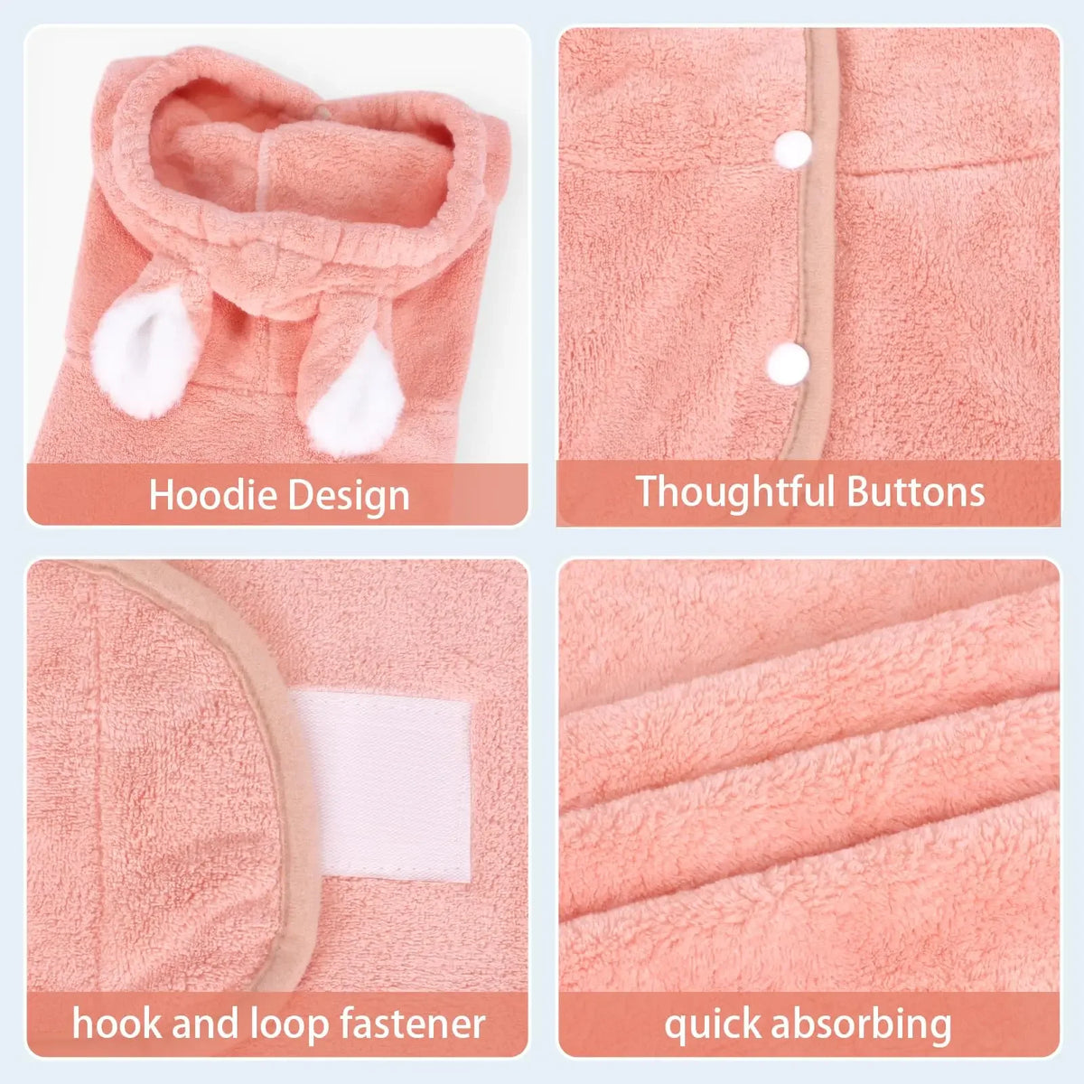 Pet Bathrobe for Dogs and Cats Super Absorbent Pet Dog Bath Towel Hooded Coat Adjustable Collar and Belly StrapXS To L