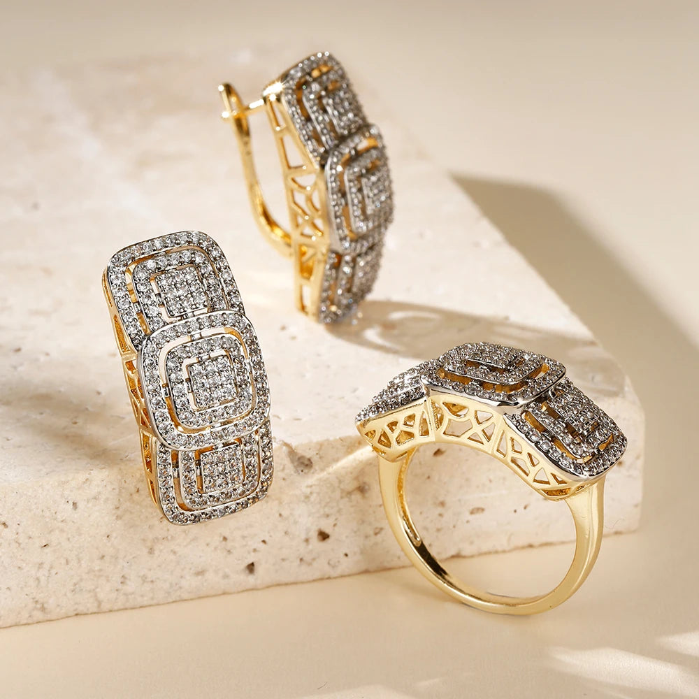Square inlaid zircon large earrings and ring set copper-plated 14K gold ladies elegant fashion jewelry three-piece set