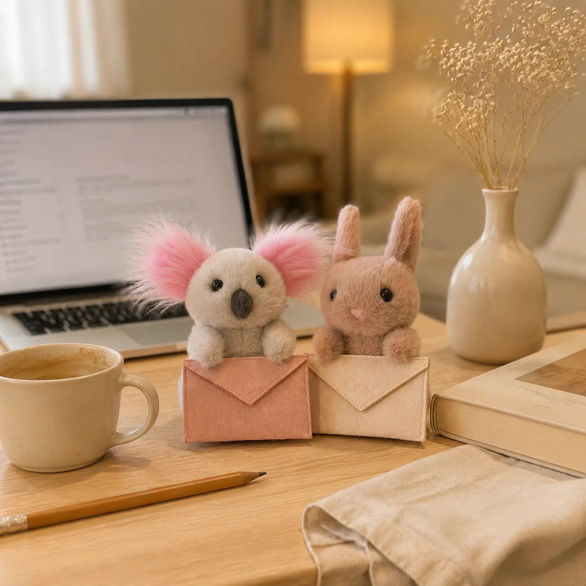 Letter Carrier Koala Bunny Plush Figurine 2 Styles, 18-21cm Openable Envelope with Secret Note Pocket, Kawaii Desk Shelf Decor