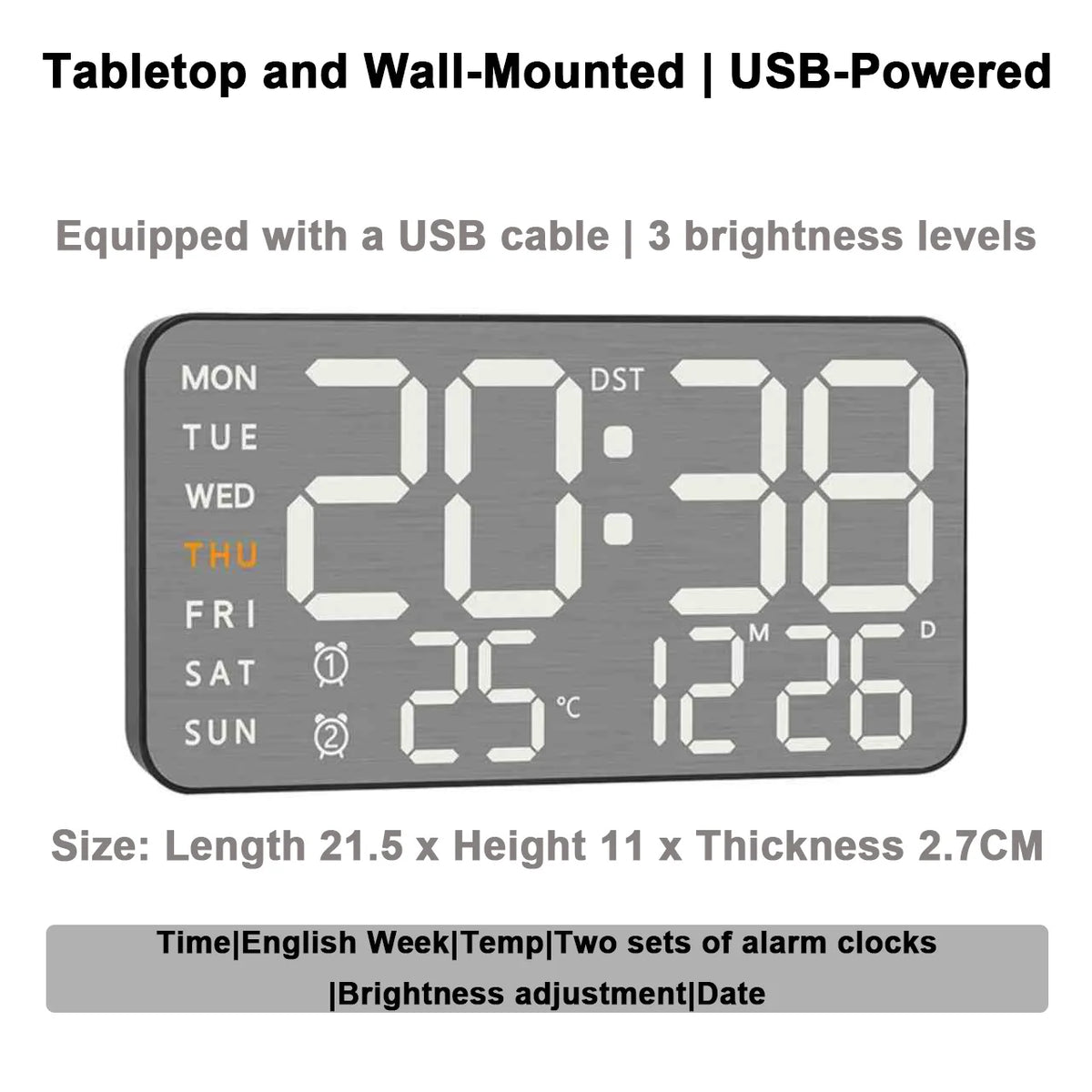Mirror Brushed Finish Wall Clock Premium Feel Silent Wall Clock Table Alarm Clock Temp Display Bedroom Office Living Room Decor
