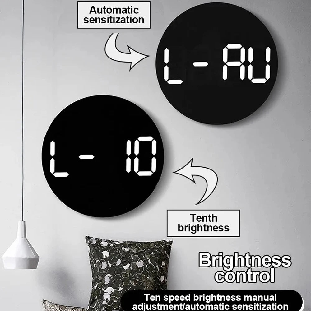 LED Wall Clock with Dual Alarms, Calendar and Temperature Display for Home Decoration. Brightness Adjustable