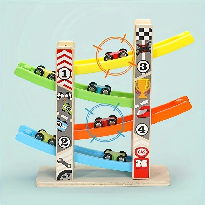 Children's Educational Track 4-Layer Wooden Gliding Car Coasting Racing Car Slide Racing Fun Track Car Educational Toy