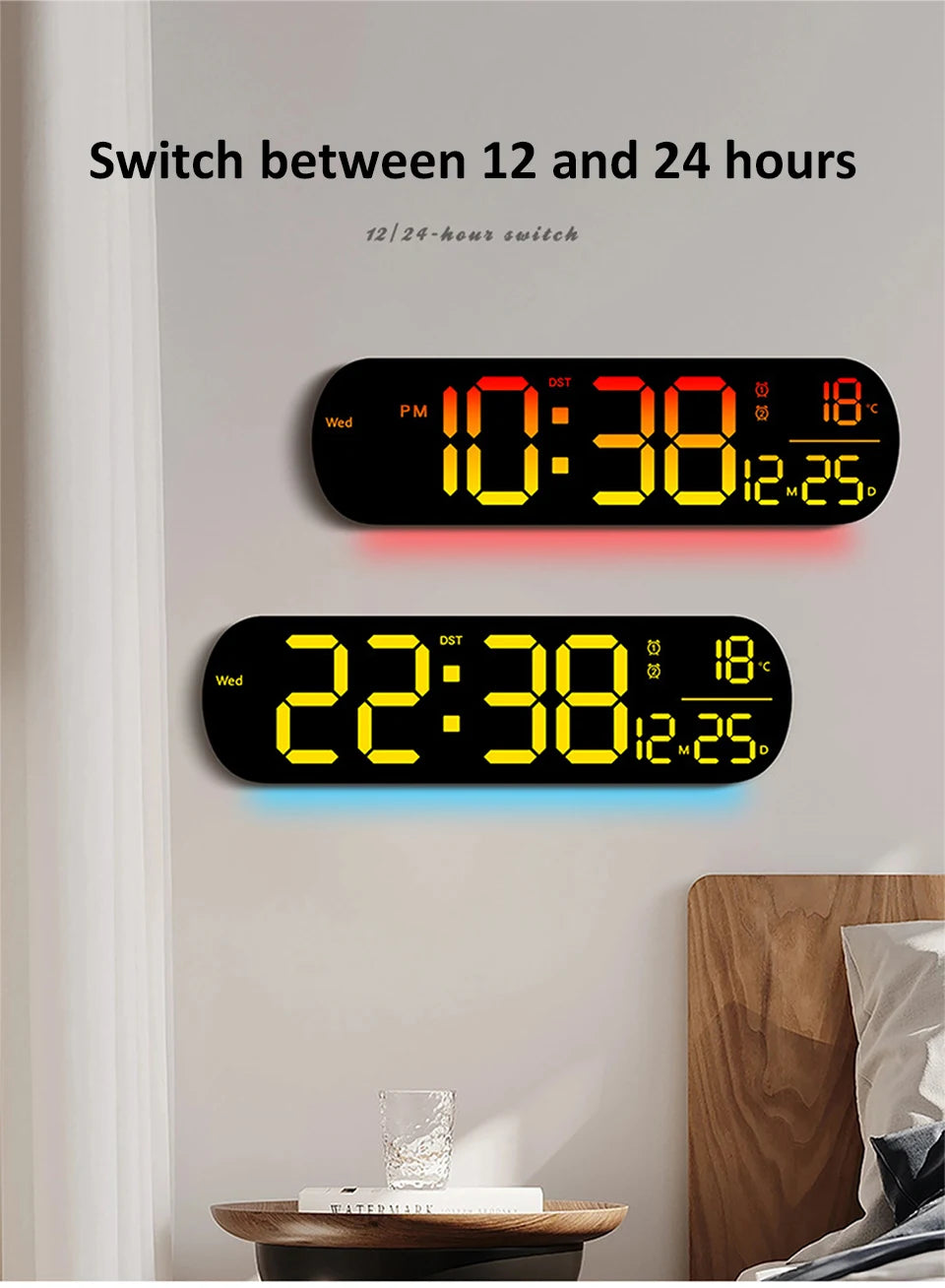 LED Luminous Digital Wall Clock With Remote Control Ambient Lights 14'' Creative RGB Alarm Clock  Date Temp Display  Home Decor