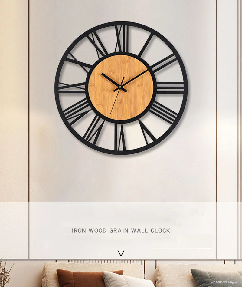 3D Large Wall Clocks Nordic Roman Numerals Retro Round Wood Metal Iron Accurate Silent Hanging Ornament Living Room Decoration