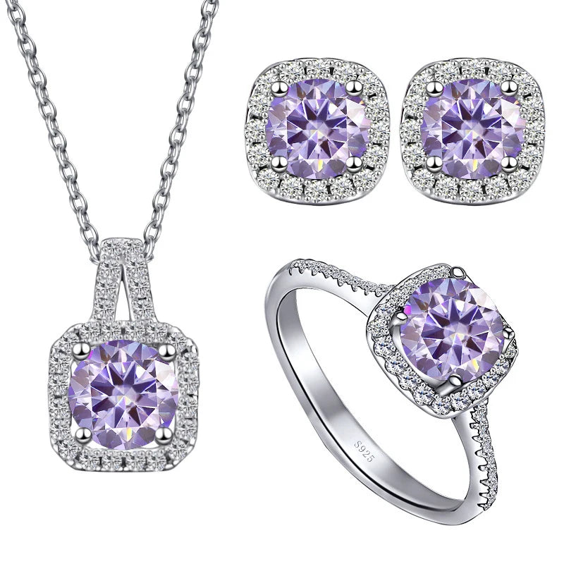 JoyceJelly S925 Sterling Silver jewelry for women 1 carat moissanite diamond 3 pieces set necklace ring earrings wedding party