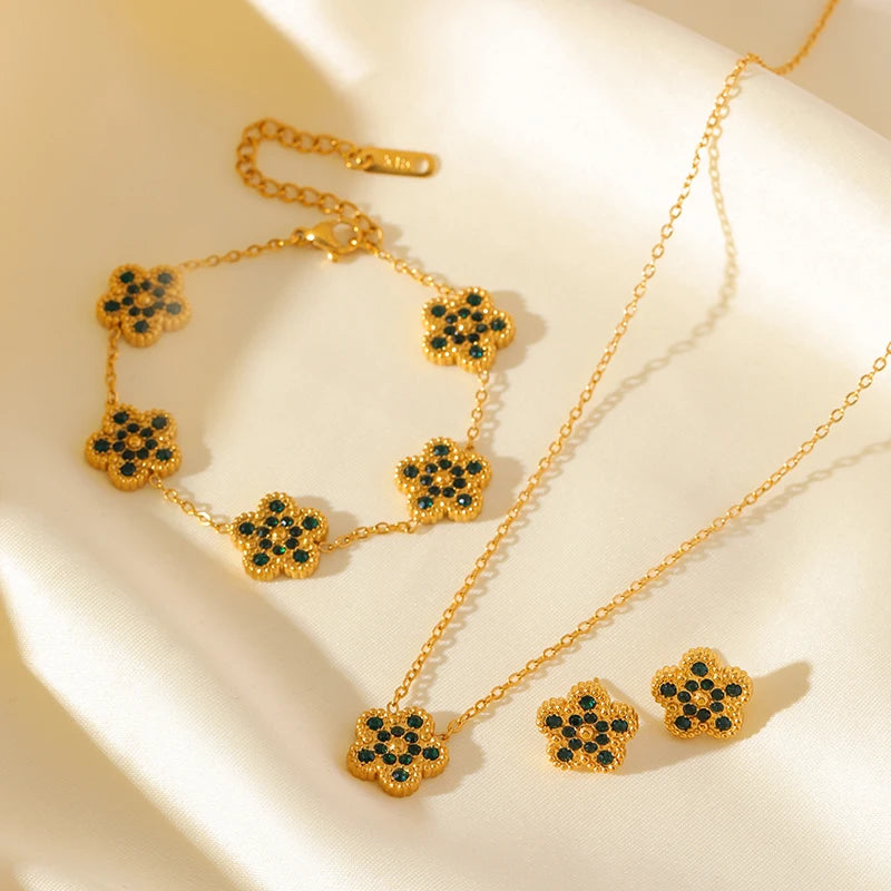 EILIECK New Fashion Stainless Steel White Zircon Clover Necklace Bracelet Earrings Set For Women Trendy Flower Jewelry Set Gift