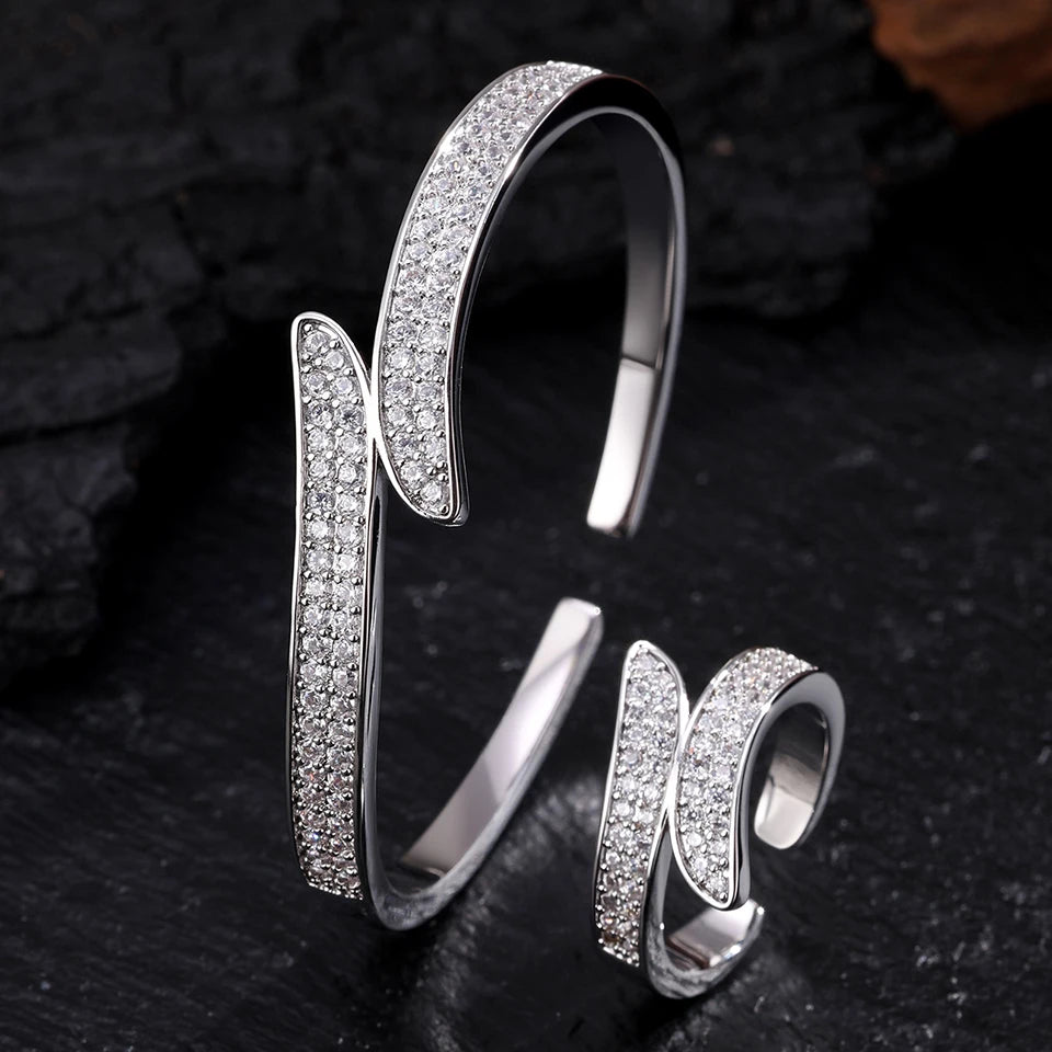 ZAKOL 9 Styles Slivery Open Bracelet Ring Jewelry Set Luxury Shiny Zircon Middle East Trendy Jewelry for Women Gift